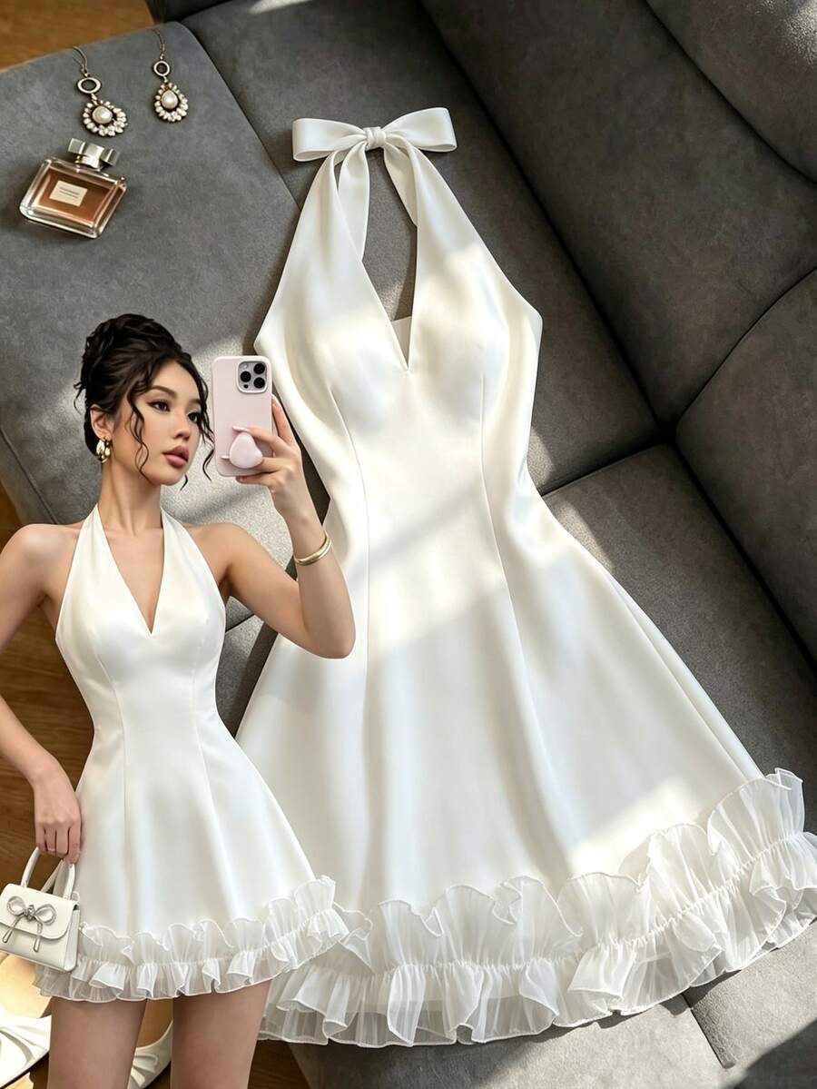 SHEIN Franclia 優雅時尚婚禮休閒洋裝 掛脖V領下擺蕾絲拼接洋裝 優雅洋裝 約會洋裝 正式洋裝 婚紗洋裝 荷葉邊洋裝 優雅派對洋裝 白色洋裝 - 白色 - 查看 1
