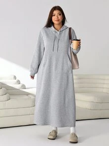 Solflare Plus Size Autumn/Winter Long Sleeve Hooded Grey Floral Print Pocket Sweatshirt Dress Fall - Light Grey - View 7