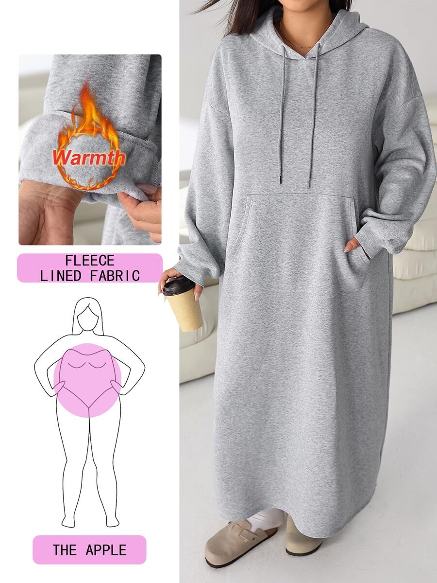 Solflare Plus Size Autumn/Winter Long Sleeve Hooded Grey Floral Print Pocket Sweatshirt Dress Fall