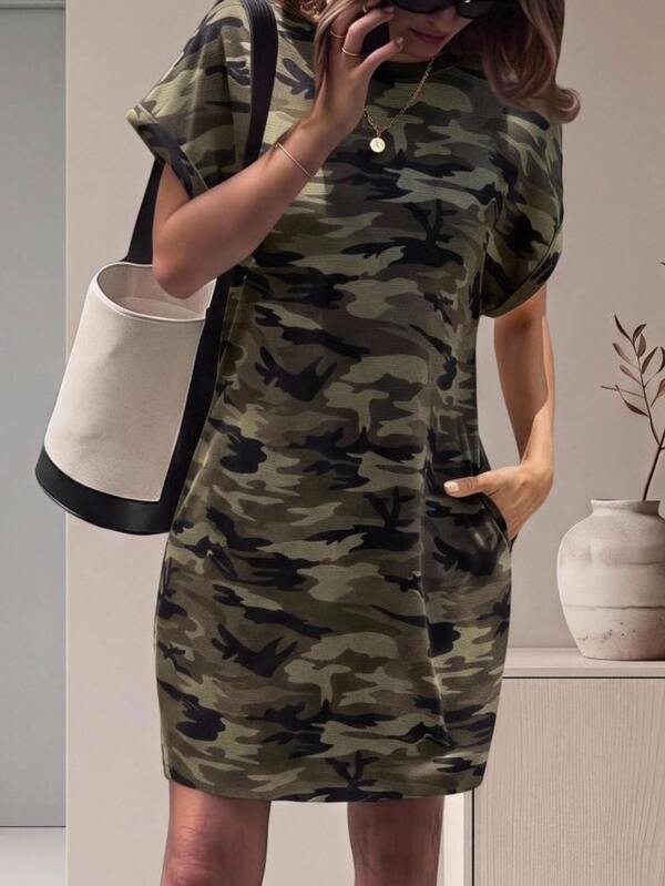 Easowa Athleisure Sports Run Biker Jog Basketball Loose Drop Shoulder Round Neck Camo Print Casual Vacation Comfortable Dress For Women,Summer Dresses