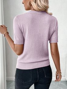 Pariaura Solid Color Round Neck Short Sleeve Casual Comfortable Breathable Knit Top - Lilac Purple - View 6