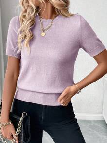 Pariaura Solid Color Round Neck Short Sleeve Casual Comfortable Breathable Knit Top - Lilac Purple - View 7