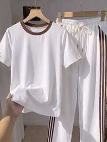 Tseoso 2pcs/Set Embroidered Round Neck Short Sleeve Top And Striped Print Pants, Casual Brown Contrast Collar Design Modern Urban Fashion Business Casual - Multicolor - View 4