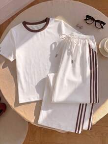 Tseoso 2pcs/Set Embroidered Round Neck Short Sleeve Top And Striped Print Pants, Casual Brown Contrast Collar Design Modern Urban Fashion Business Casual - Multicolor - View 6