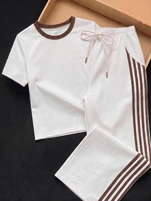 Tseoso 2pcs/Set Embroidered Round Neck Short Sleeve Top And Striped Print Pants, Casual Brown Contrast Collar Design Modern Urban Fashion Business Casual - Multicolor - View 5