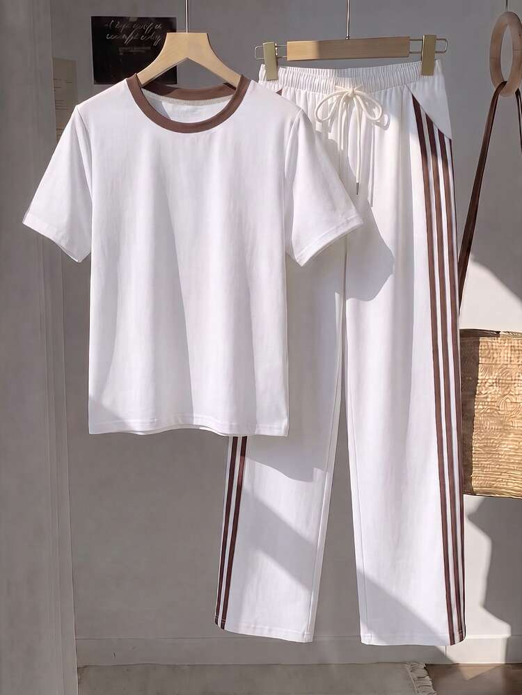 Tseoso 2pcs/Set Embroidered Round Neck Short Sleeve Top And Striped Print Pants, Casual Brown Contrast Collar Design Modern Urban Fashion Business Casual - Multicolor - View 2