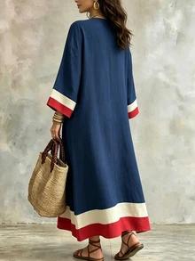 Linhara CURVE Plus Size Vacation Casual Racing Colorblock Navy Blue Dress Brunch Formal Autumn Fall - Navy Blue - View 2