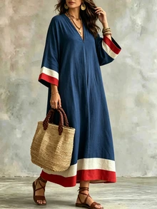 Linhara CURVE Plus Size Vacation Casual Racing Colorblock Navy Blue Dress Brunch Formal Autumn Fall - Navy Blue - View 5