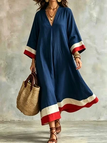 Linhara CURVE Plus Size Vacation Casual Racing Colorblock Navy Blue Dress Brunch Formal Autumn Fall - Navy Blue - View 3