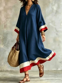 Linhara CURVE Plus Size Vacation Casual Racing Colorblock Navy Blue Dress Brunch Formal Autumn Fall - Navy Blue - View 4