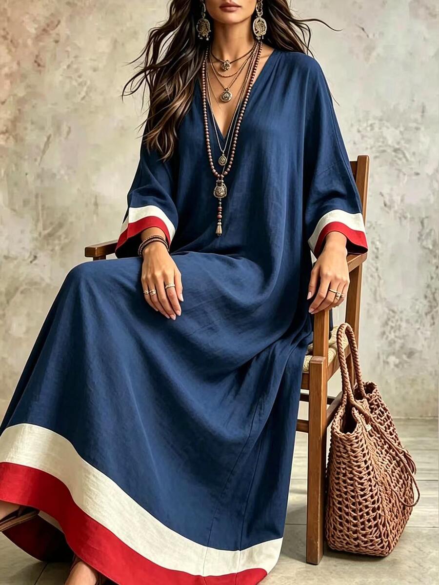Linhara CURVE Plus Size Vacation Casual Racing Colorblock Navy Blue Dress Brunch Formal Autumn Fall - Navy Blue - View 1