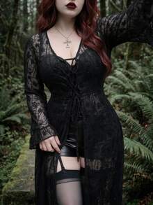 Whyspr Plus Size Long Sleeve Flocked Semi-Sheer Jacket - Black - View 4