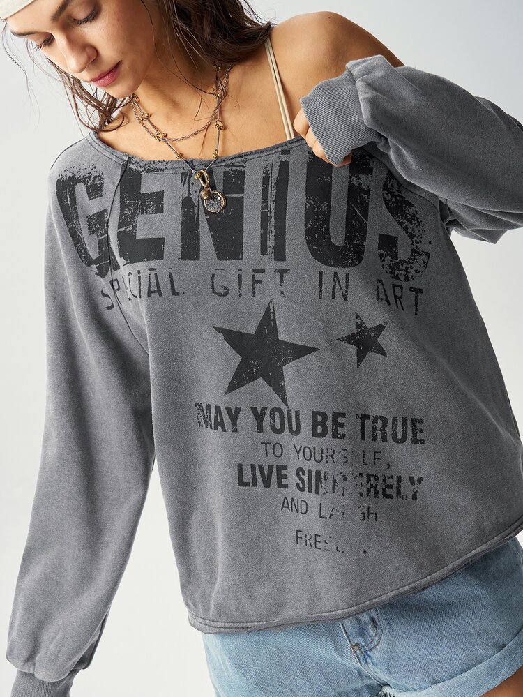 Bohemela Casual Streetwear Streetstyle Solid Color Knit Asymmetric Shoulder Long Sleeve Loose Washed Women's Sweatshirt Day Time Everyday Dark Grey Autumn - Grey - View 9