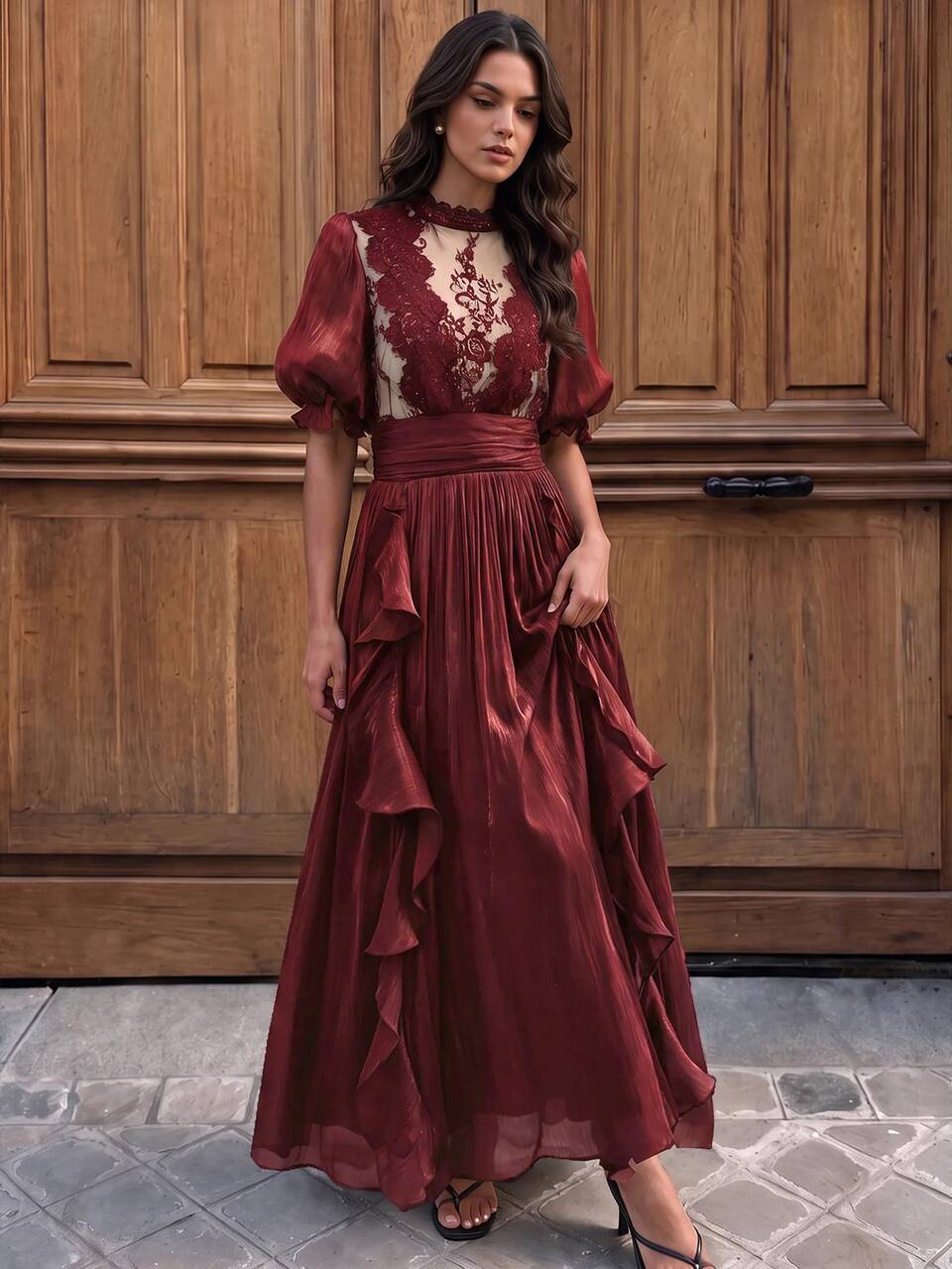 Anewsta Affair Women's Elegant Romantic Ruffle Lace Waist-Cinching Short Sleeve Dress, Suitable For Occasions, Parties, Dates, Vacations, Wedding Guest, Valentine's Day, Holiday Outfits, Carnival Costumes, Spring Clothing And More