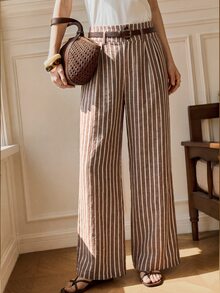 Écloséra Tall Women's Vintage Casual Brown Stripe Pleated Loose Suit Pants For Daily Commute And Vacation Office Work Summer - Brown - View 8