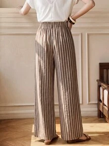 Écloséra Tall Women's Vintage Casual Brown Stripe Pleated Loose Suit Pants For Daily Commute And Vacation Office Work Summer - Brown - View 2