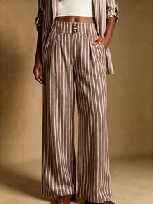 Écloséra Tall Women's Vintage Casual Brown Stripe Pleated Loose Suit Pants For Daily Commute And Vacation Office Work Summer - Brown - View 1