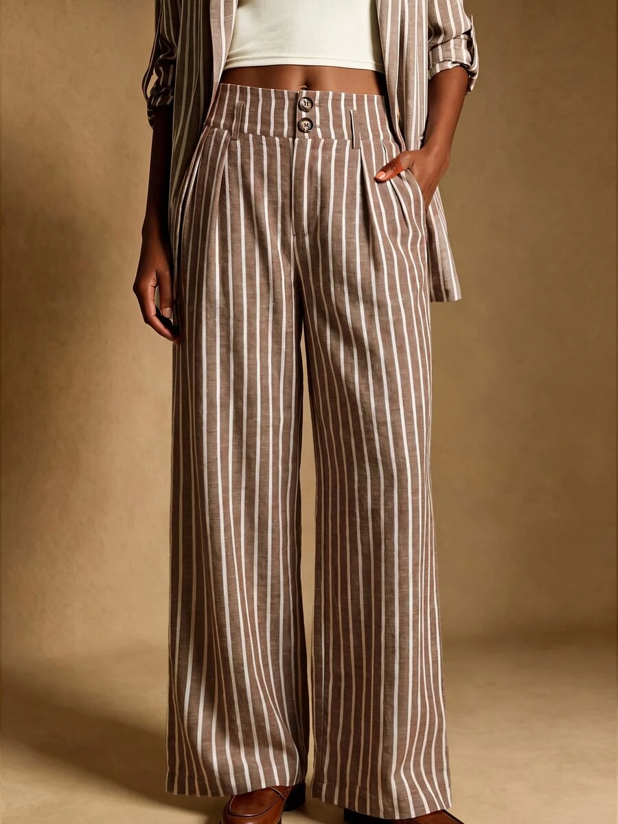 Écloséra Tall Women's Vintage Casual Brown Stripe Pleated Loose Suit Pants For Daily Commute And Vacation Office Work Summer - Brown - View 1