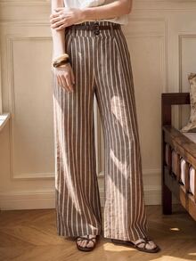 Écloséra Tall Women's Vintage Casual Brown Stripe Pleated Loose Suit Pants For Daily Commute And Vacation Office Work Summer - Brown - View 7