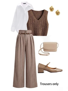 Écloséra Tall Women's Vintage Casual Brown Stripe Pleated Loose Suit Pants For Daily Commute And Vacation Office Work Summer - Brown - View 9
