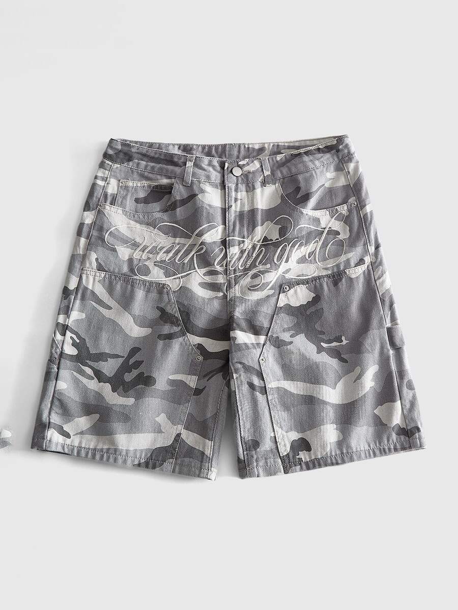 ROMWE MEN 男士刺繡圖案工裝牛仔短褲 - 灰色 - 查看 1