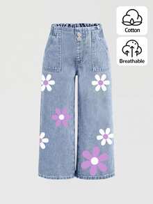 SHEIN 少女女孩彩色花卉圖案藍色牛仔寬鬆長褲 - 淺色水洗藍 - 查看 3