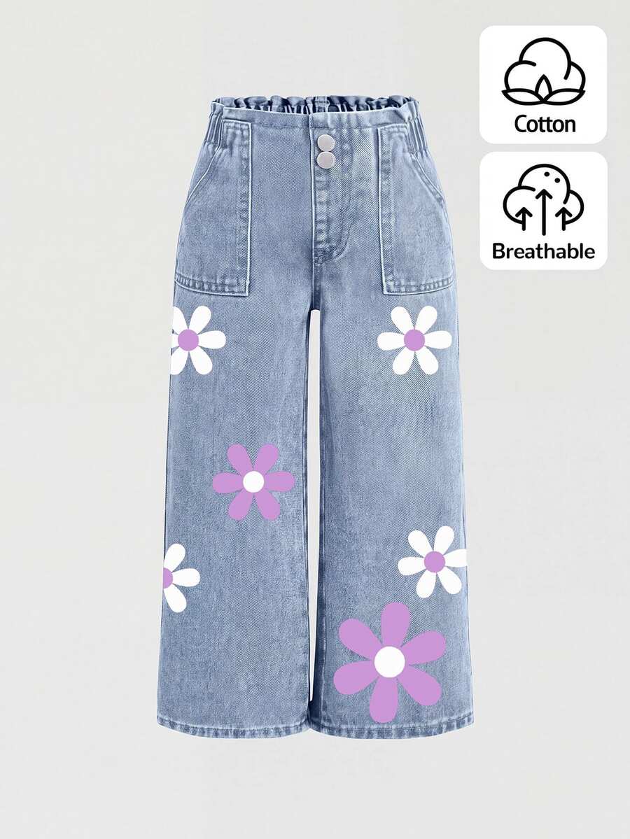 SHEIN Young Girl Girls' Colorful Floral Pattern Blue Denim Loose Fit Long Pants - Light Wash - View 1