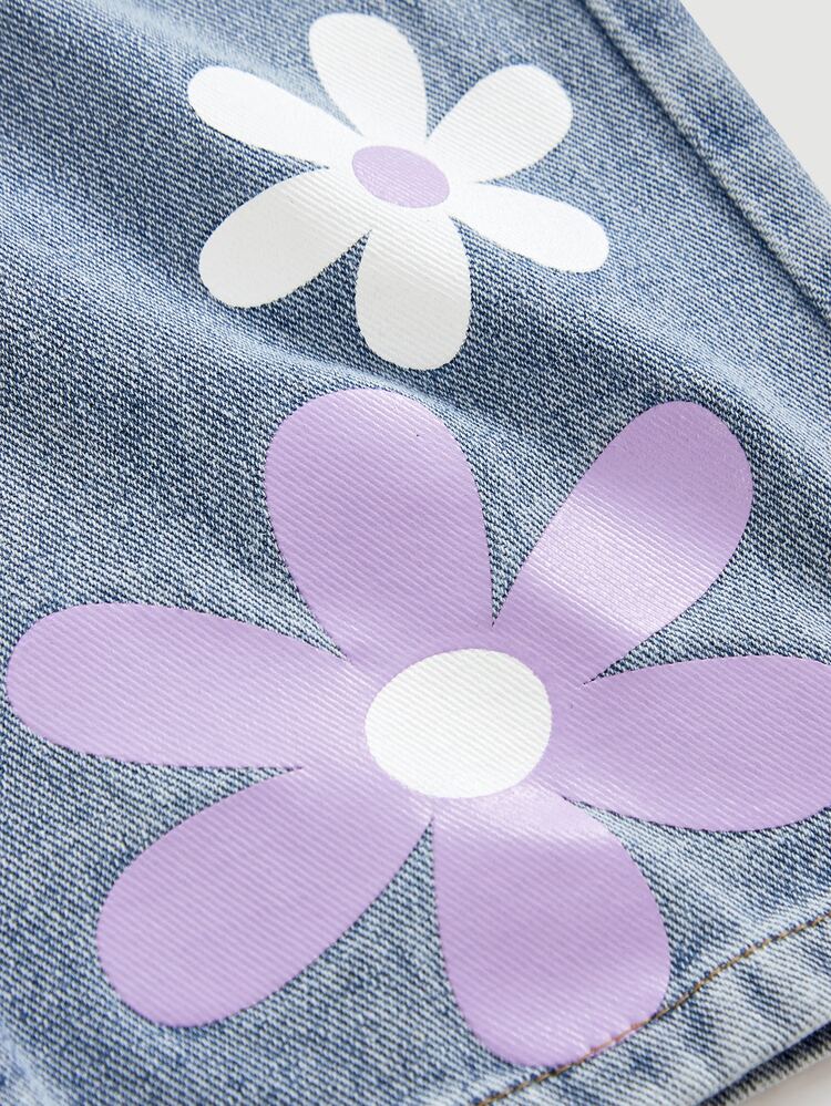 SHEIN Young Girl Girls' Colorful Floral Pattern Blue Denim Loose Fit Long Pants - Light Wash - View 5