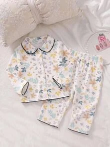 SHEIN Baby Girl Floral Print Collared Button-Up Long Sleeve Top & Casual Versatile Printed Pants, Suitable For Autumn/Winter - Multicolor - View 1