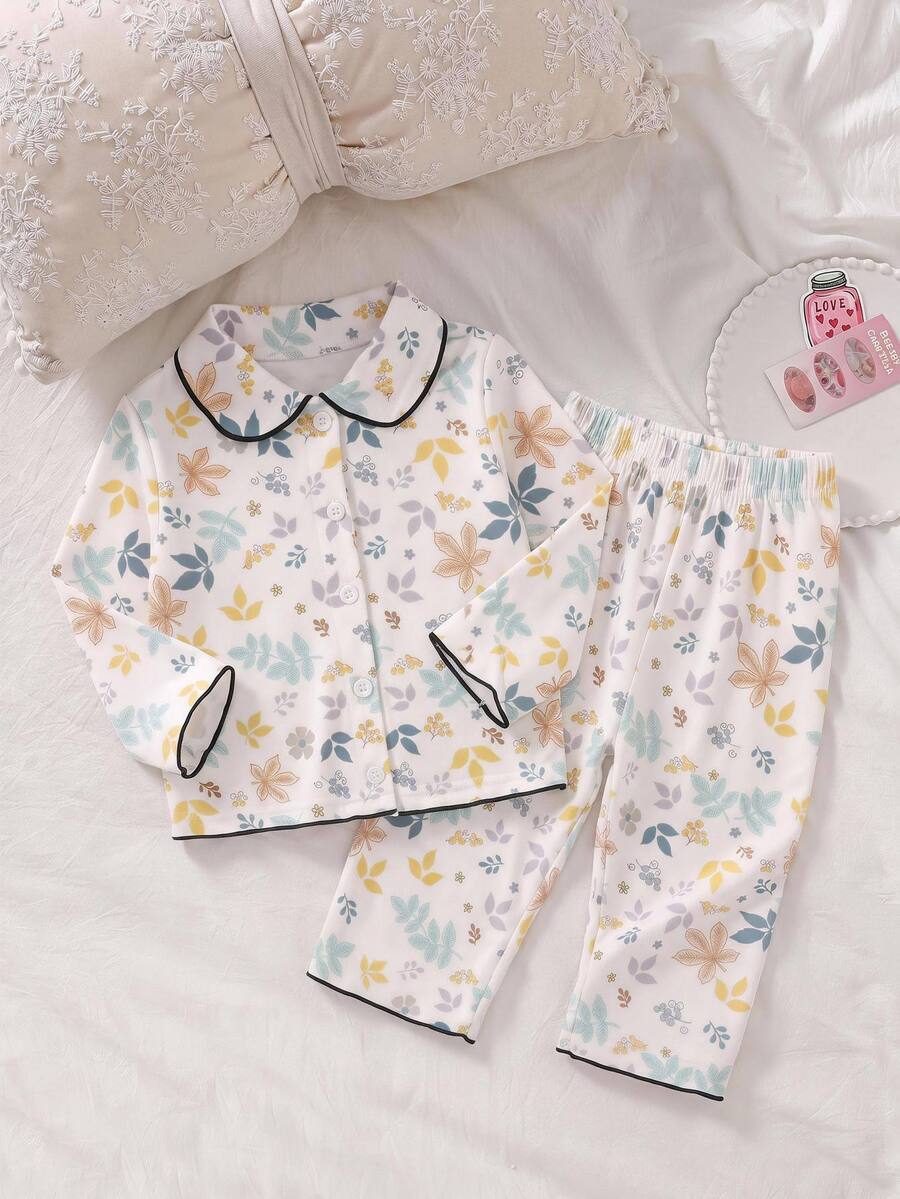 SHEIN Baby Girl Floral Print Collared Button-Up Long Sleeve Top & Casual Versatile Printed Pants, Suitable For Autumn/Winter - Multicolor - View 1