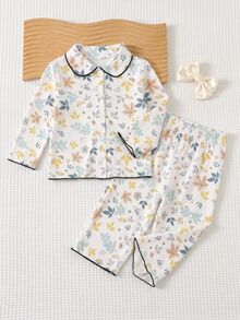 SHEIN Baby Girl Floral Print Collared Button-Up Long Sleeve Top & Casual Versatile Printed Pants, Suitable For Autumn/Winter - Multicolor - View 3