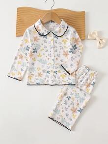 SHEIN Baby Girl Floral Print Collared Button-Up Long Sleeve Top & Casual Versatile Printed Pants, Suitable For Autumn/Winter - Multicolor - View 4