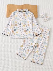 SHEIN Baby Girl Floral Print Collared Button-Up Long Sleeve Top & Casual Versatile Printed Pants, Suitable For Autumn/Winter - Multicolor - View 2