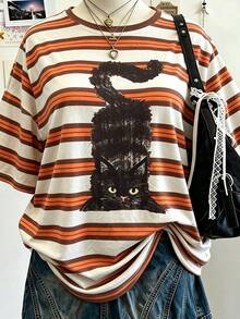 Lalippa Cat & Striped Digital Print Plus Size Round Neck Women T-Shirt, A Gift For Friends - Apricot - View 3