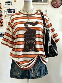 Lalippa Cat & Striped Digital Print Plus Size Round Neck Women T-Shirt, A Gift For Friends - Apricot - View 1
