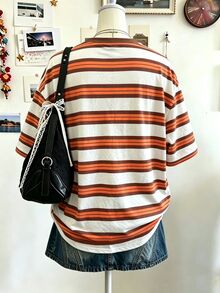 Lalippa Cat & Striped Digital Print Plus Size Round Neck Women T-Shirt, A Gift For Friends - Apricot - View 2