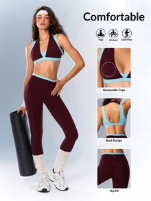 VARSIVA Women's Colorblock Halter Top And Leggings Casual Daily Sports Set - Multicolor - View 2