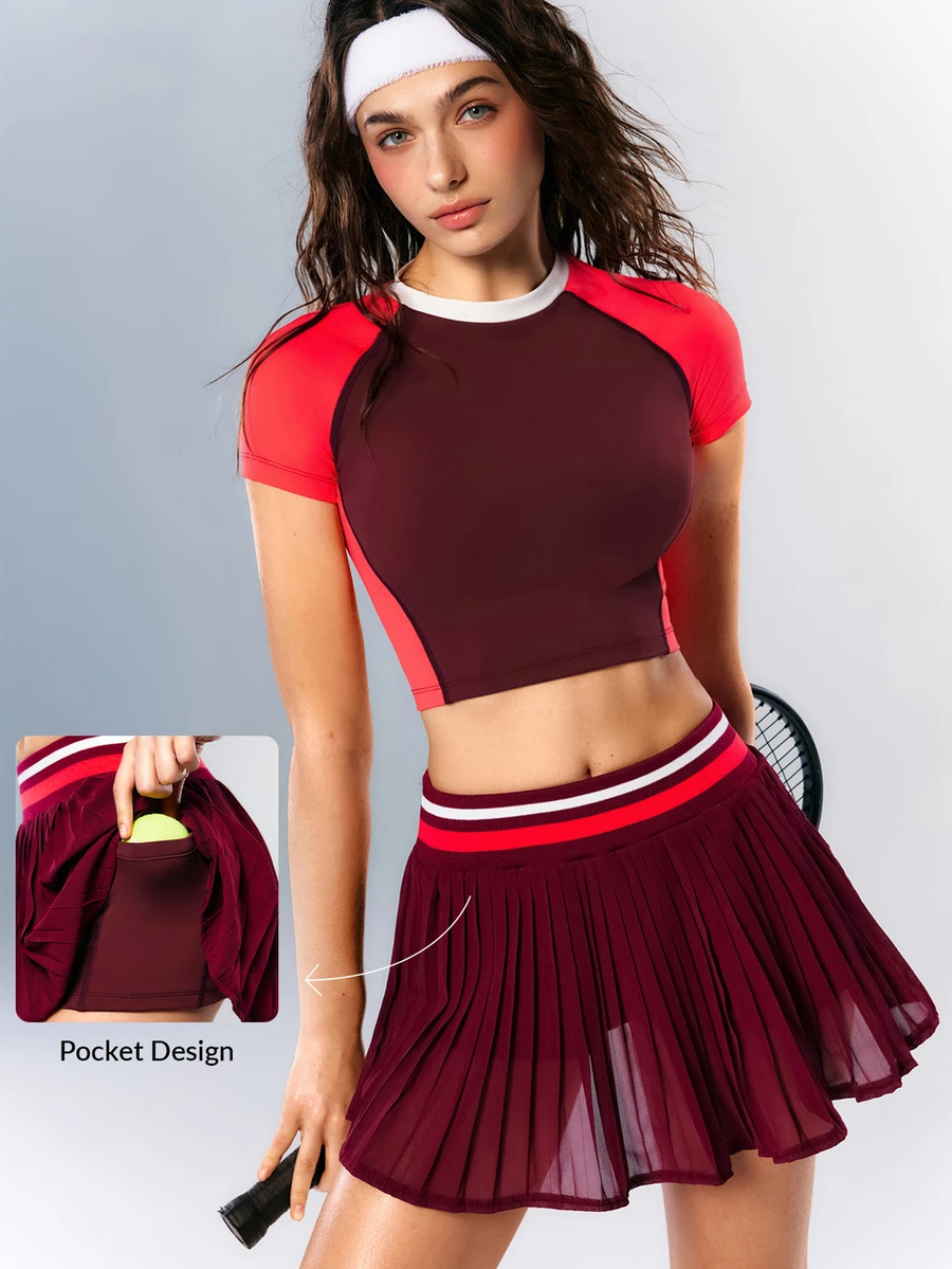 VARSIVA Women's Round Neck Colorblock Cropped T-Shirt And Pocket Pleated Skort Sporty Set
