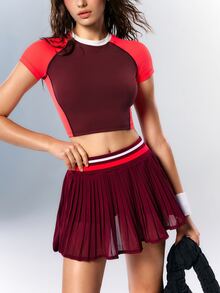 VARSIVA Women's Round Neck Colorblock Cropped T-Shirt And Pocket Pleated Skort Sporty Set - Multicolor - View 9