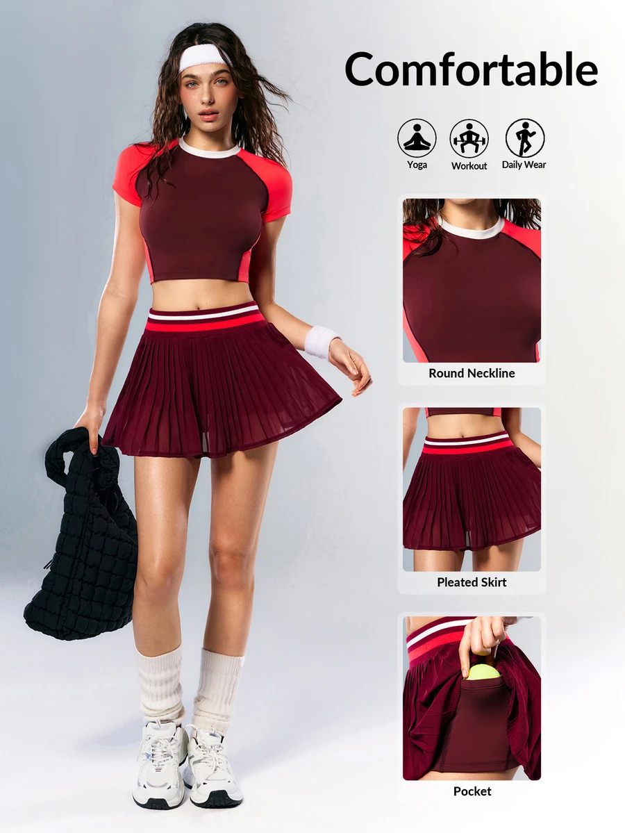 VARSIVA Women's Round Neck Colorblock Cropped T-Shirt And Pocket Pleated Skort Sporty Set - Multicolor - View 1