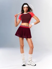 VARSIVA Women's Round Neck Colorblock Cropped T-Shirt And Pocket Pleated Skort Sporty Set - Multicolor - View 8