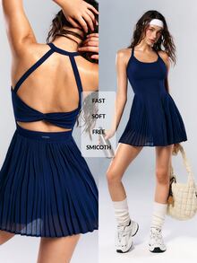 VARSIVA Women's Solid Color Halter Neck Cutout Back Twist Design Sports Dress With Shorts - Blue - View 11