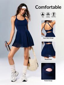 VARSIVA Women's Solid Color Halter Neck Cutout Back Twist Design Sports Dress With Shorts - Blue - View 10