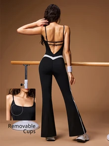 VARSIVA Contrast Color Backless Spaghetti Strap Sports Jumpsuit - Black and White - View 3
