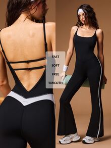 VARSIVA Contrast Color Backless Spaghetti Strap Sports Jumpsuit - Black and White - View 12