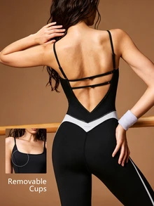 VARSIVA Contrast Color Backless Spaghetti Strap Sports Jumpsuit - Black and White - View 2