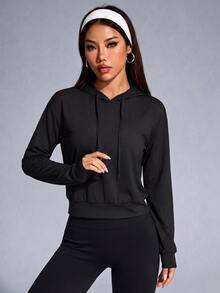 Streetz SHEIN Sport Breathable Mesh Cutout Back Hooded Top Solid Black Perforated Mesh Fabric, Long Sleeve Sweatshirt, Speci - Black - View 9