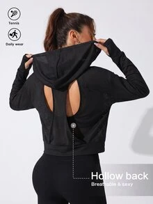 Streetz SHEIN Sport Breathable Mesh Cutout Back Hooded Top Solid Black Perforated Mesh Fabric, Long Sleeve Sweatshirt, Speci - Black - View 3