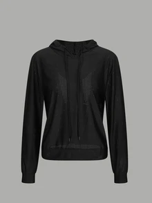 Streetz SHEIN Sport Breathable Mesh Cutout Back Hooded Top Solid Black Perforated Mesh Fabric, Long Sleeve Sweatshirt, Speci - Black - View 6