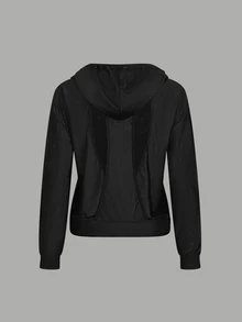 Streetz SHEIN Sport Breathable Mesh Cutout Back Hooded Top Solid Black Perforated Mesh Fabric, Long Sleeve Sweatshirt, Speci - Black - View 7